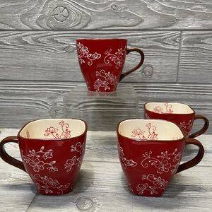 Temptations by Tara Dark Red Floral Lace 12 oz Coffee Mugs Set of 4